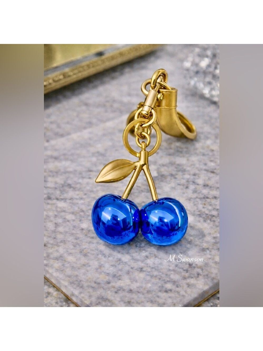Royal Blue Cherry Keychain Gold Tone Hardware Fashion NWT